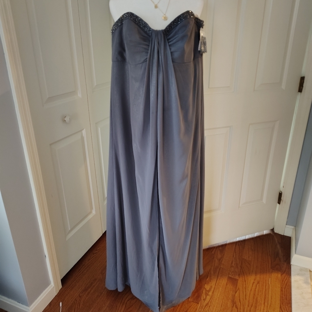 Davids Bridal Strapless Shimmer Pewter Beaded Neckline Gown sz 20